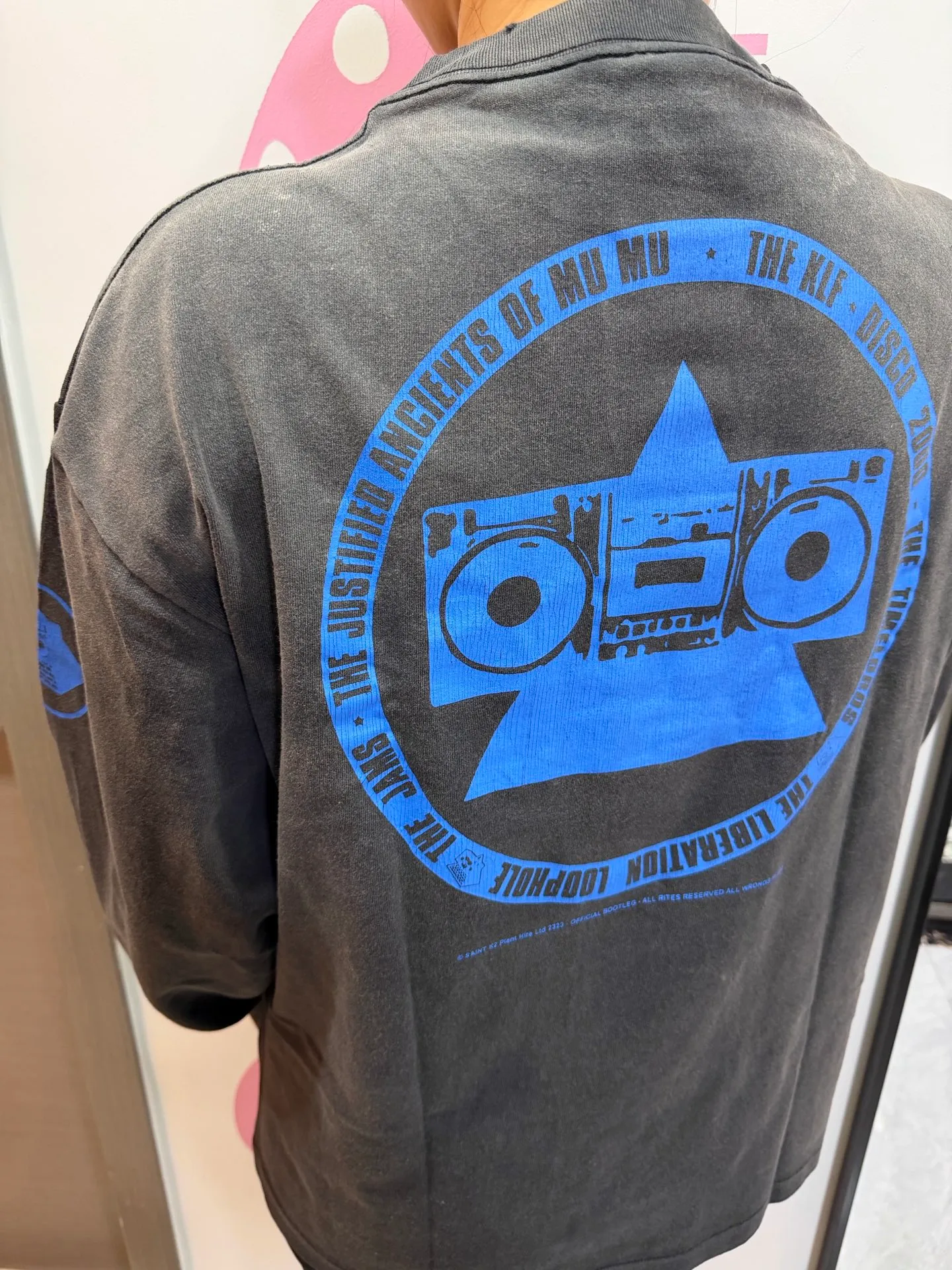 SAINT Mxxxxxx × The KLF BLUE KLF_LS TEE KLF/BLK Blue KLF tape recorder long sleeves Washed black S-XL Completely aligned Tube weaving fabric without side seams Garment dyeing Macau water fading and distressing Simulated sun washing and fading treatment Natural and perfect fading Hand-made holes and fraying Ink splashing treatment Correct main mark/wash mark/cherub anti-counterfeiting mark